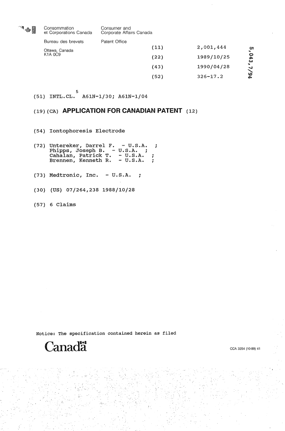 Document de brevet canadien 2001444. Page couverture 19940401. Image 1 de 1