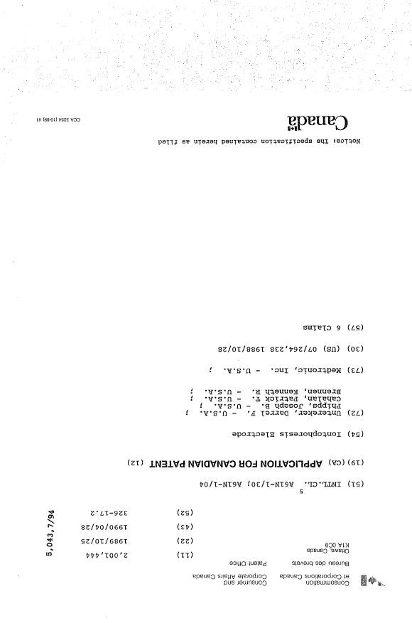 Canadian Patent Document 2001444. Cover Page 19940401. Image 1 of 1