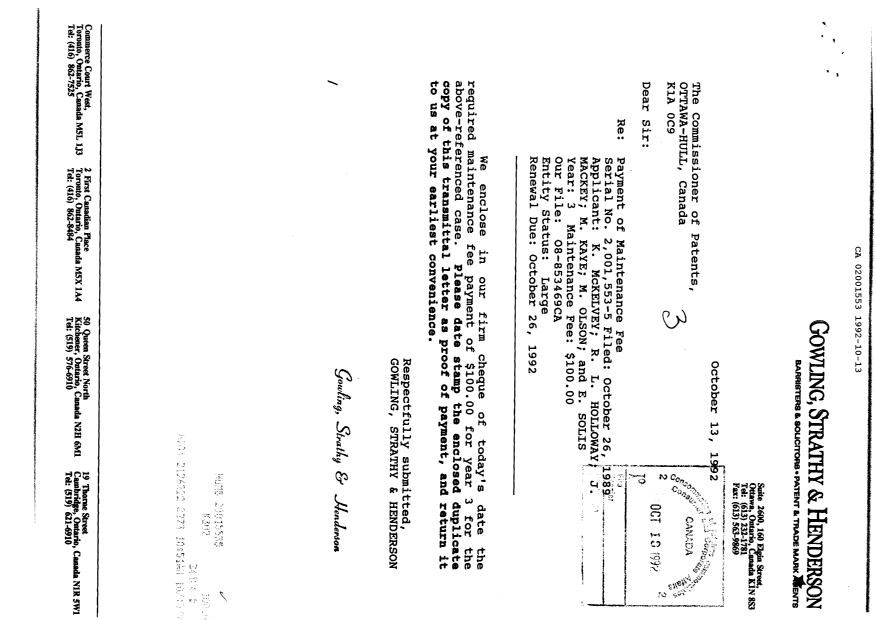 Canadian Patent Document 2001553. Fees 19921013. Image 1 of 1