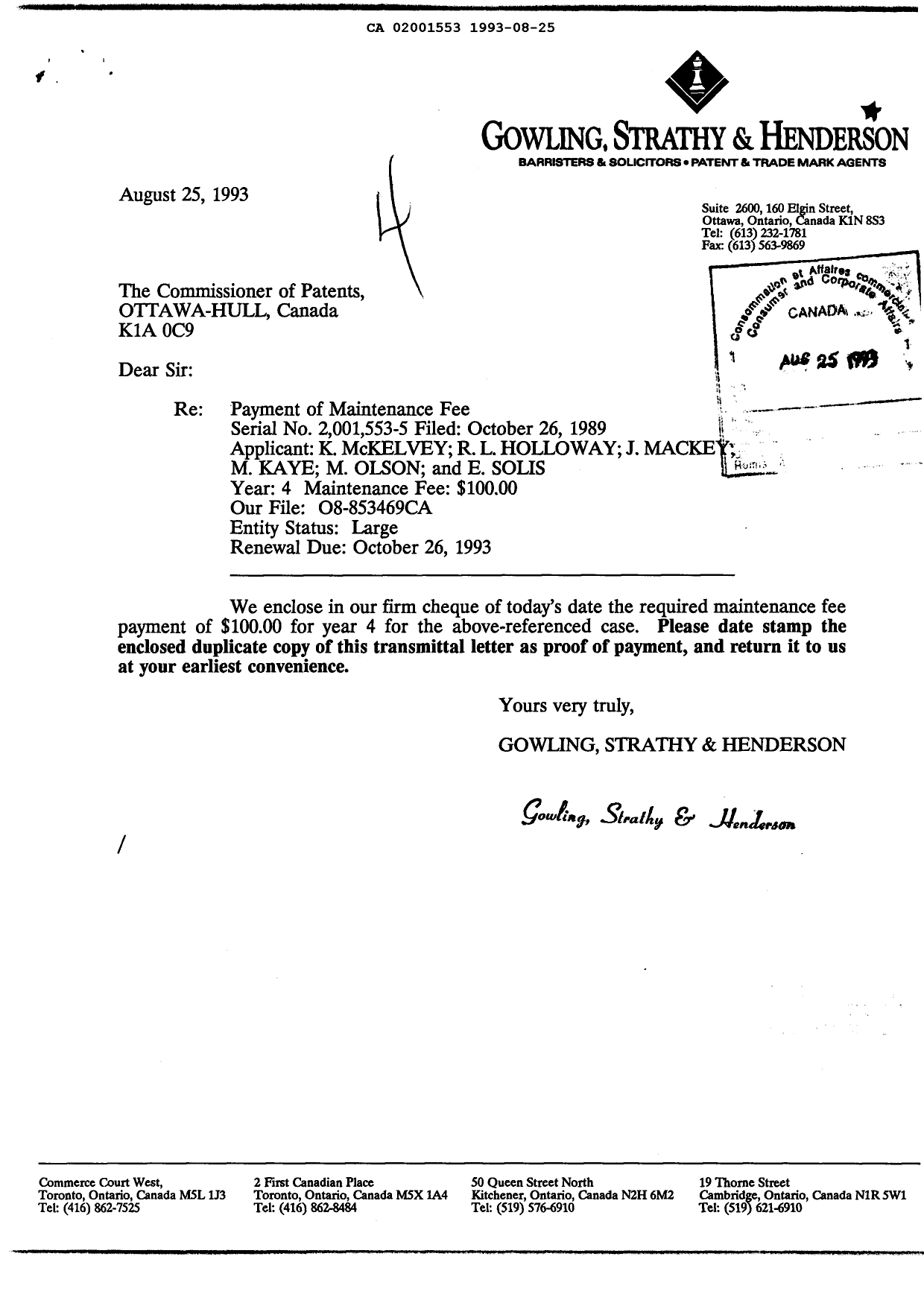 Canadian Patent Document 2001553. Fees 19930825. Image 1 of 1