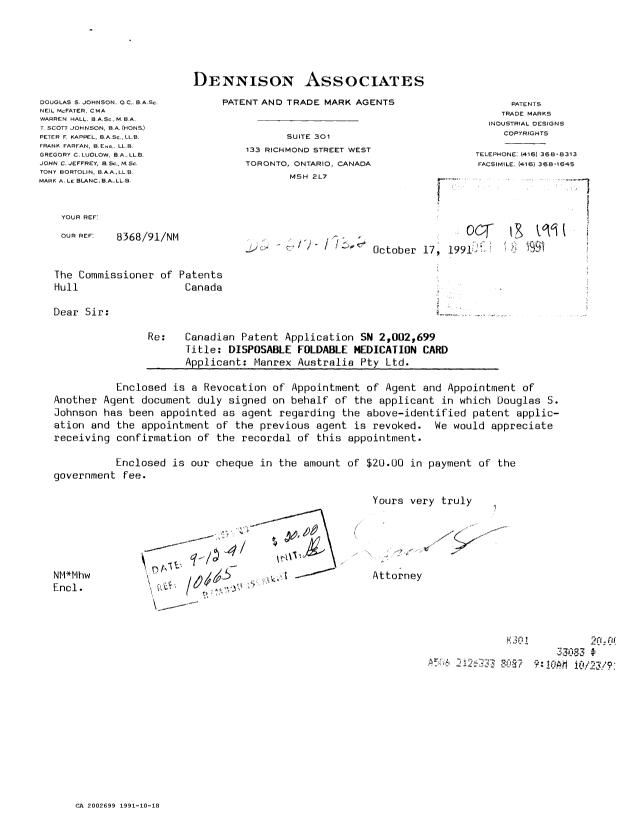 Document de brevet canadien 2002699. Correspondance reliée au PCT 19911018. Image 1 de 2