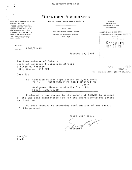 Document de brevet canadien 2002699. Taxes 19911025. Image 1 de 1