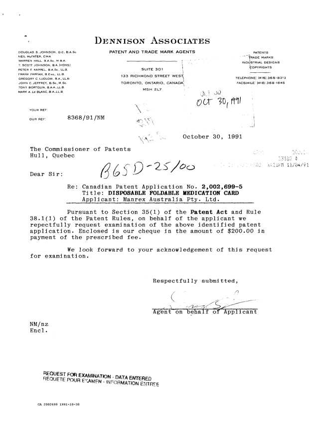 Document de brevet canadien 2002699. Correspondance de la poursuite 19911030. Image 1 de 1