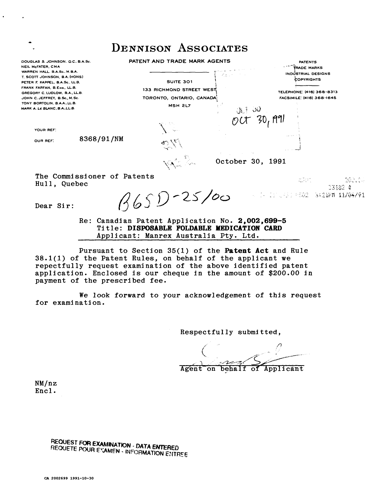 Canadian Patent Document 2002699. Prosecution Correspondence 19911030. Image 1 of 1