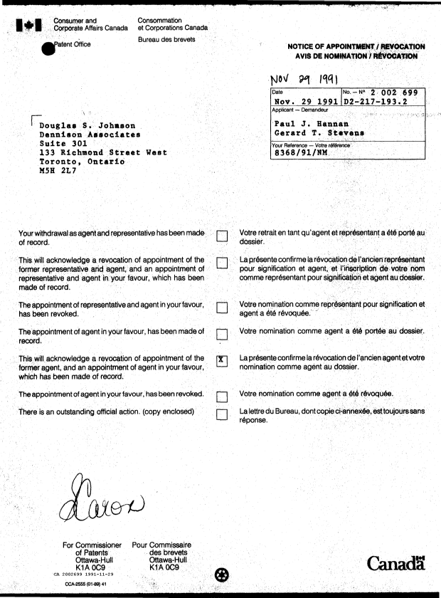 Document de brevet canadien 2002699. Lettre du bureau 19911129. Image 1 de 1