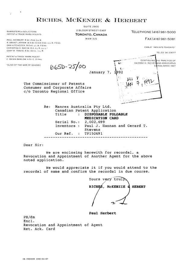 Document de brevet canadien 2002699. Correspondance reliée au PCT 19920107. Image 1 de 2
