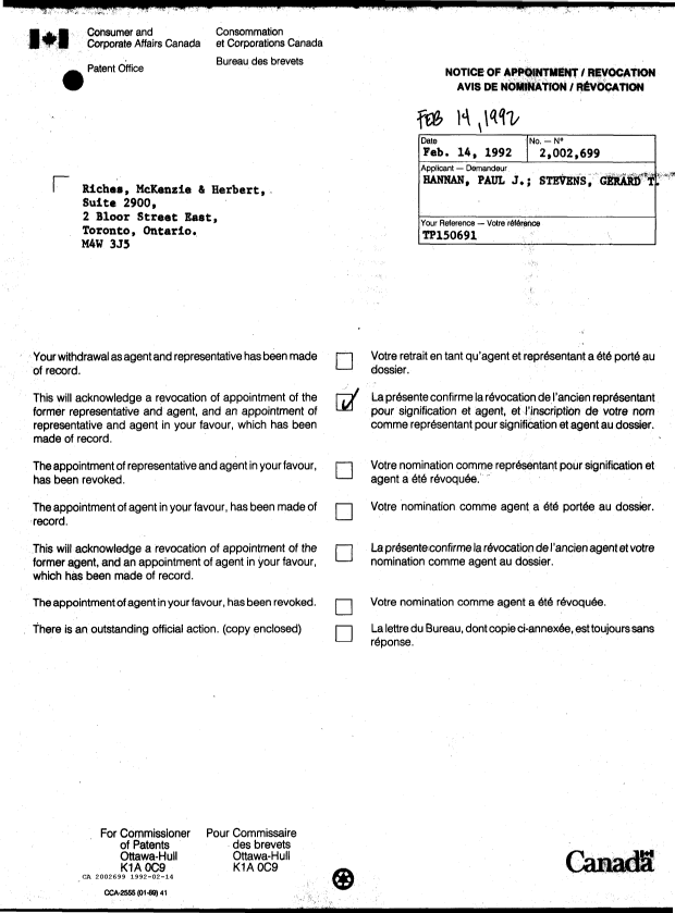 Document de brevet canadien 2002699. Lettre du bureau 19920214. Image 1 de 1