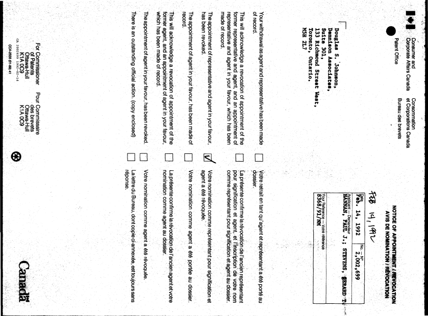 Canadian Patent Document 2002699. Office Letter 19920214. Image 1 of 1