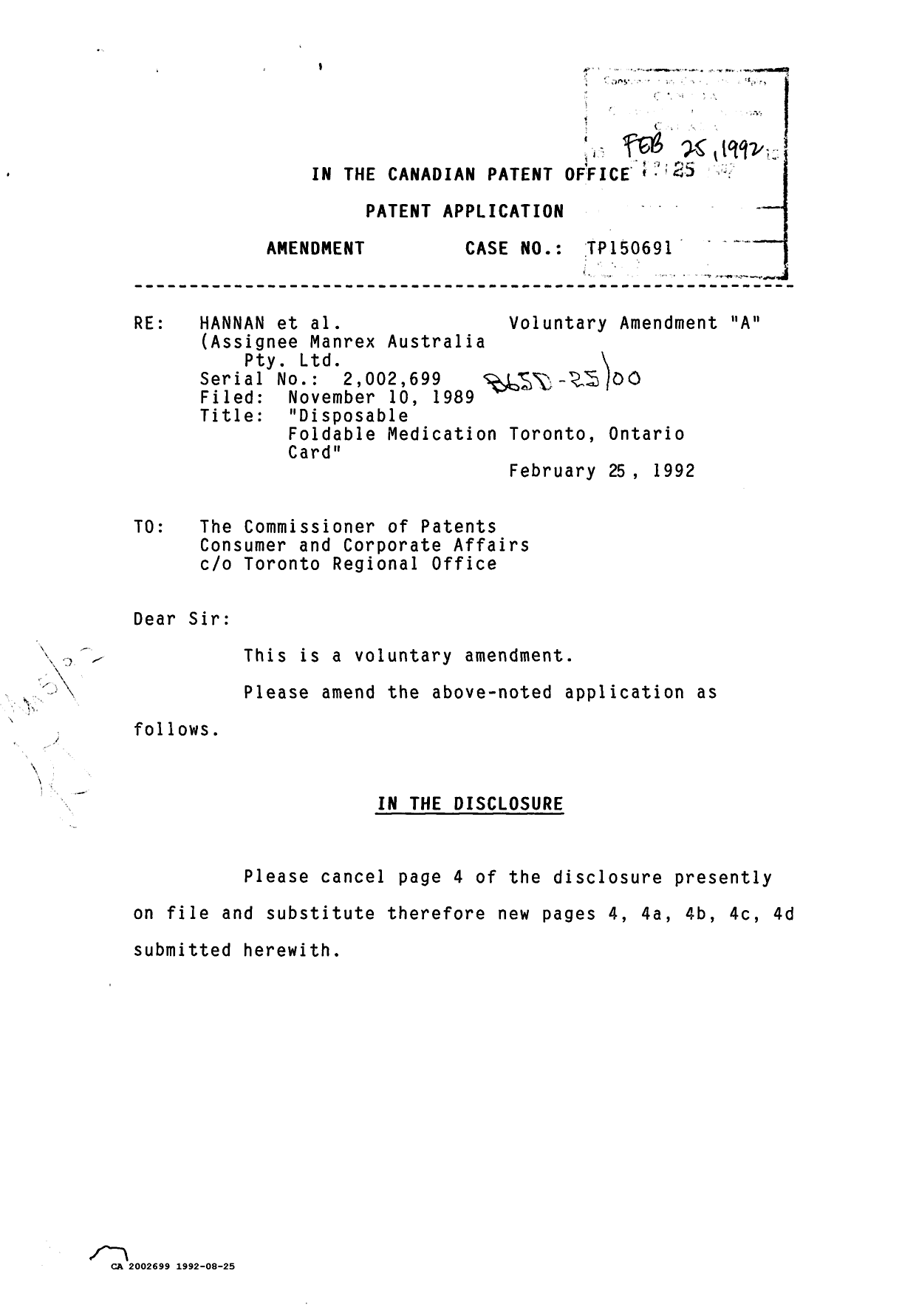Canadian Patent Document 2002699. Prosecution Correspondence 19920225. Image 1 of 2