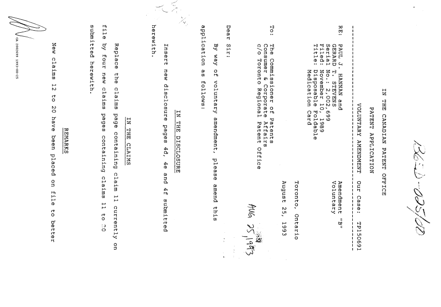Canadian Patent Document 2002699. Prosecution Correspondence 19930825. Image 1 of 2