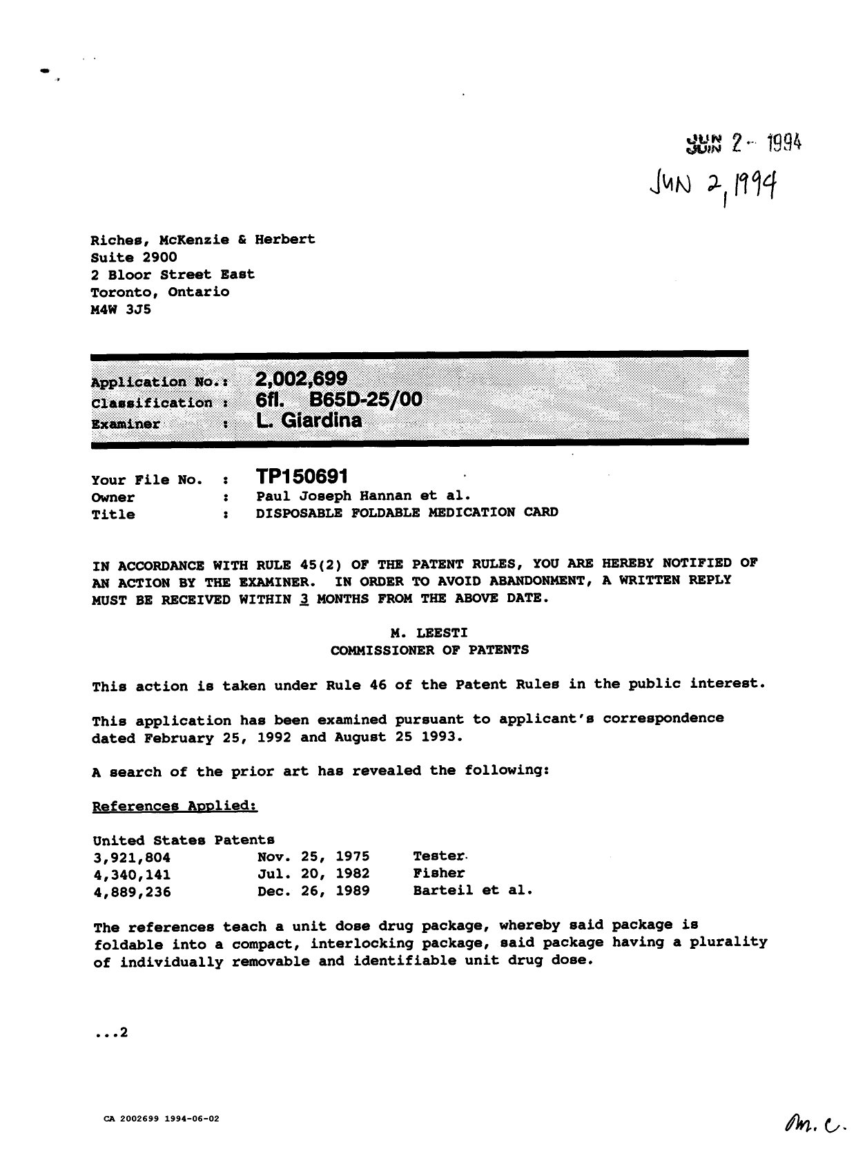 Canadian Patent Document 2002699. Examiner Requisition 19940602. Image 1 of 2