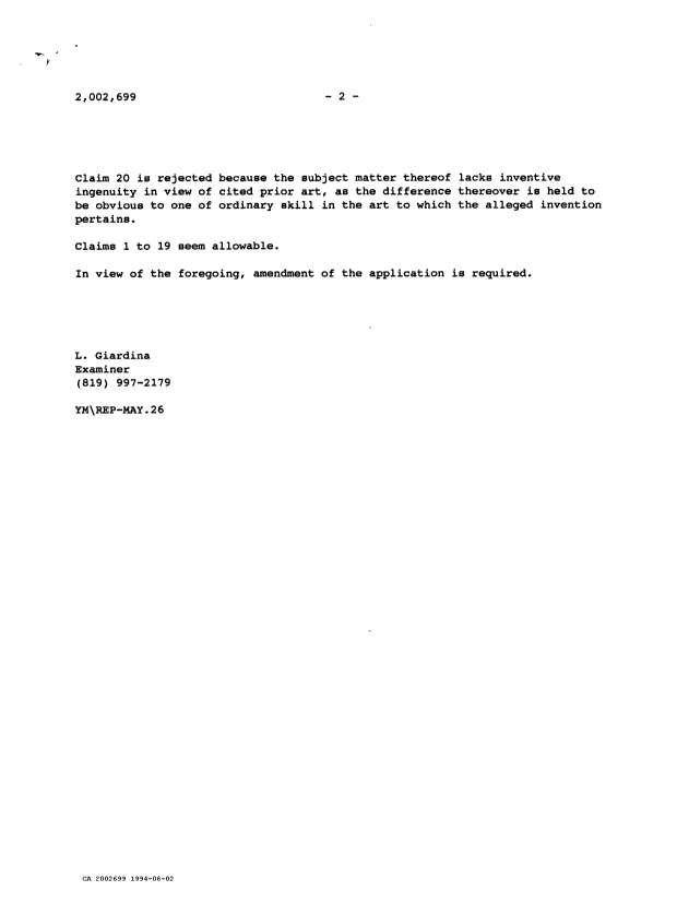 Canadian Patent Document 2002699. Examiner Requisition 19940602. Image 2 of 2