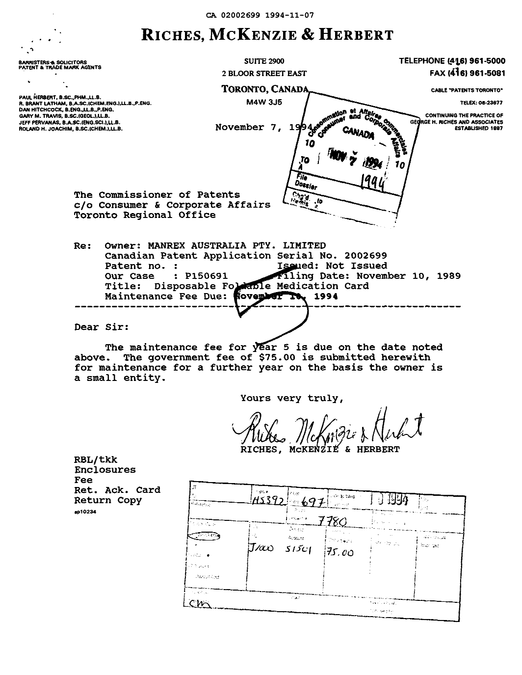 Canadian Patent Document 2002699. Fees 19941107. Image 1 of 1