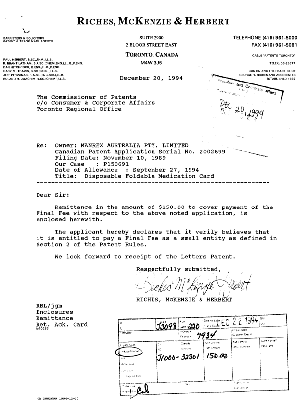 Document de brevet canadien 2002699. Correspondance reliée au PCT 19941220. Image 1 de 1