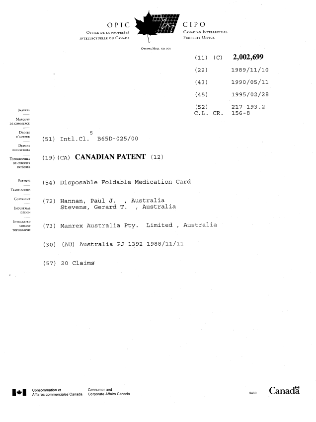 Document de brevet canadien 2002699. Page couverture 19950228. Image 1 de 1