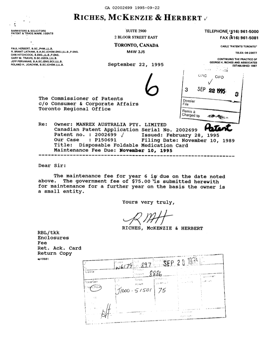 Document de brevet canadien 2002699. Taxes 19950922. Image 1 de 1