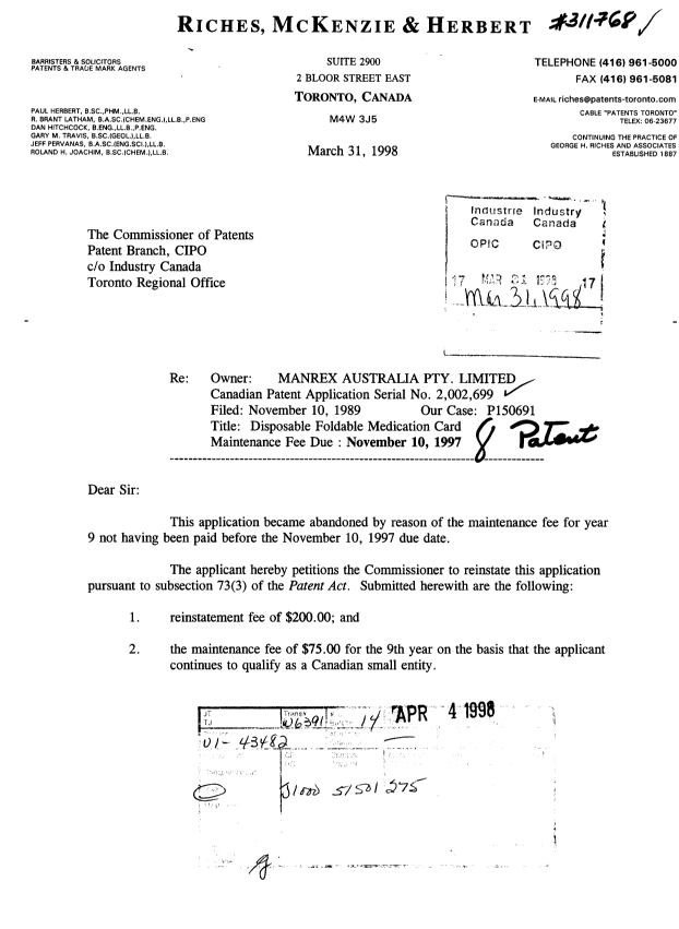 Canadian Patent Document 2002699. Fees 19980331. Image 1 of 2