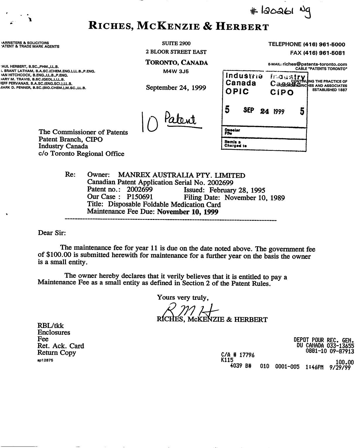 Canadian Patent Document 2002699. Fees 19990924. Image 1 of 1
