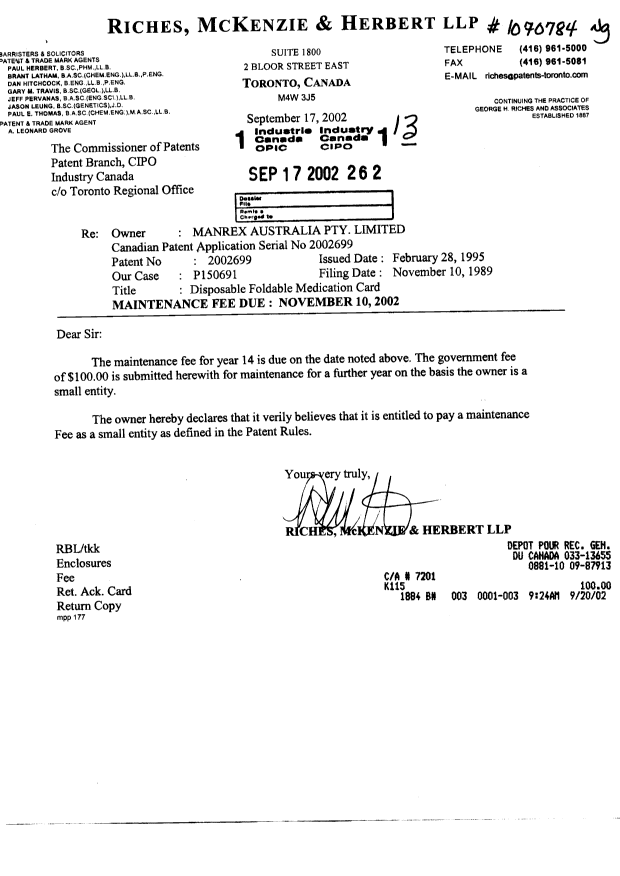 Document de brevet canadien 2002699. Taxes 20020917. Image 1 de 1