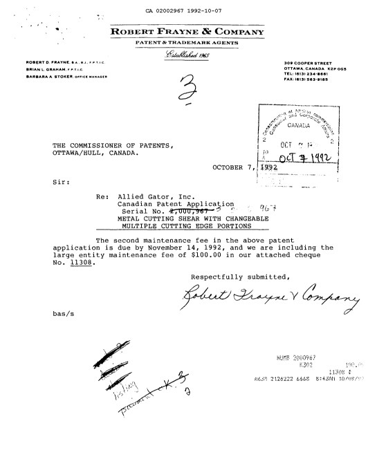 Document de brevet canadien 2002967. Taxes 19921007. Image 1 de 1