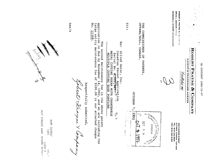 Canadian Patent Document 2002967. Fees 19921007. Image 1 of 1