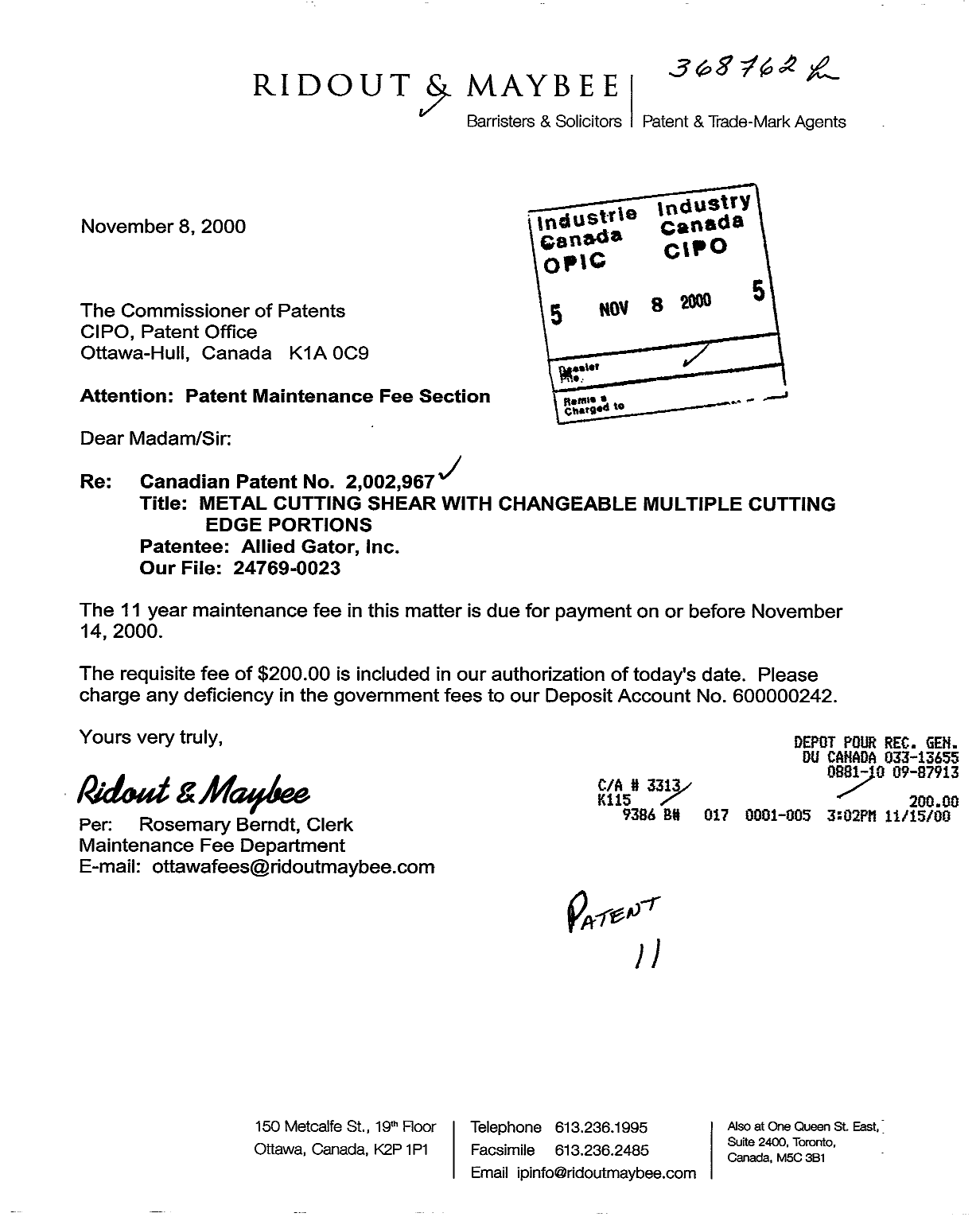 Document de brevet canadien 2002967. Taxes 20001108. Image 1 de 1