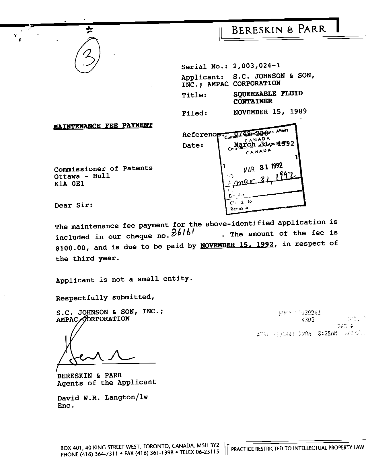 Canadian Patent Document 2003024. Fees 19911231. Image 1 of 1