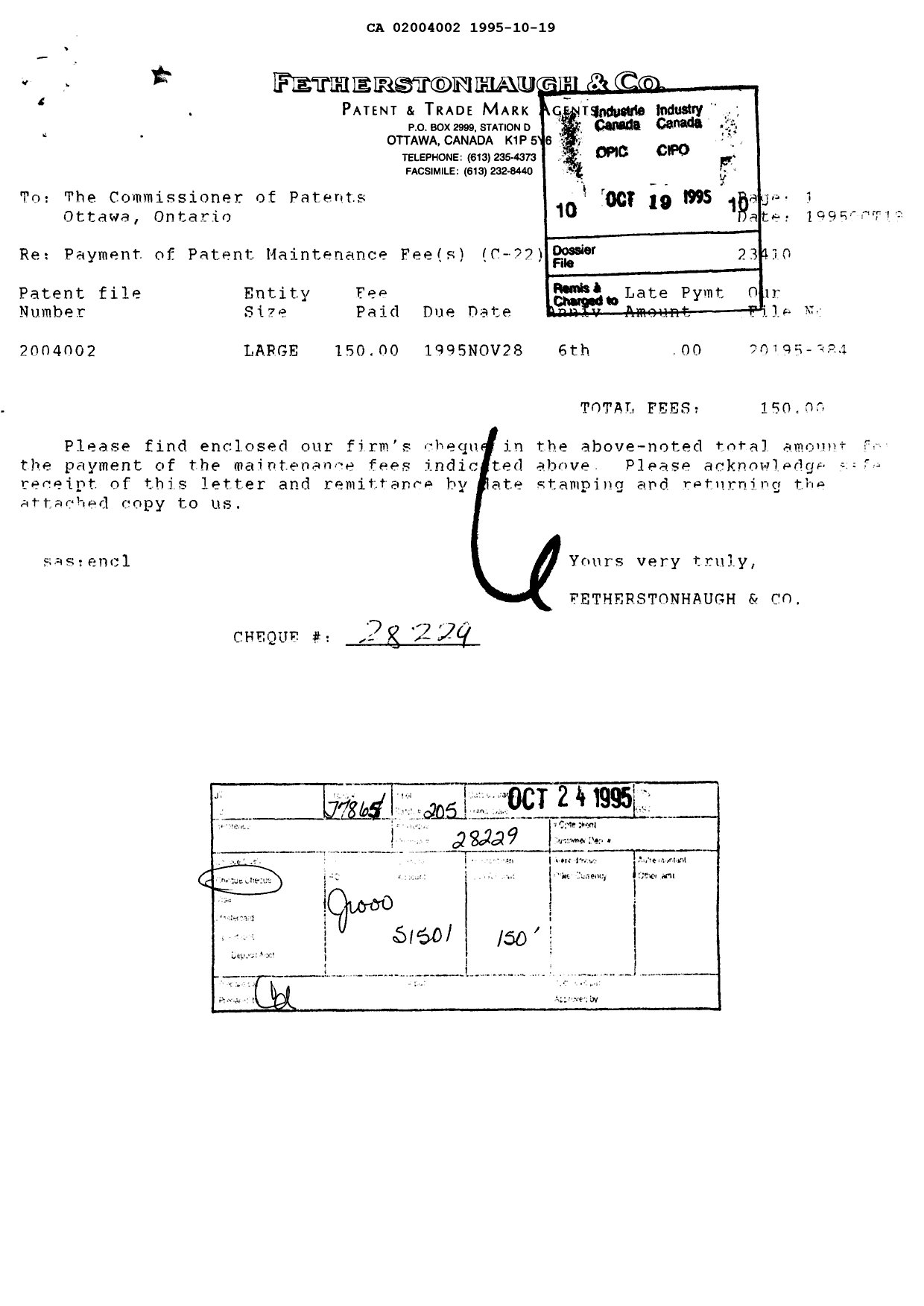 Document de brevet canadien 2004002. Taxes 19951019. Image 1 de 1