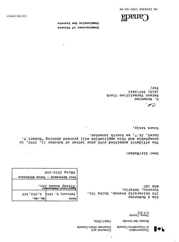 Canadian Patent Document 2004349. Office Letter 19910206. Image 1 of 1