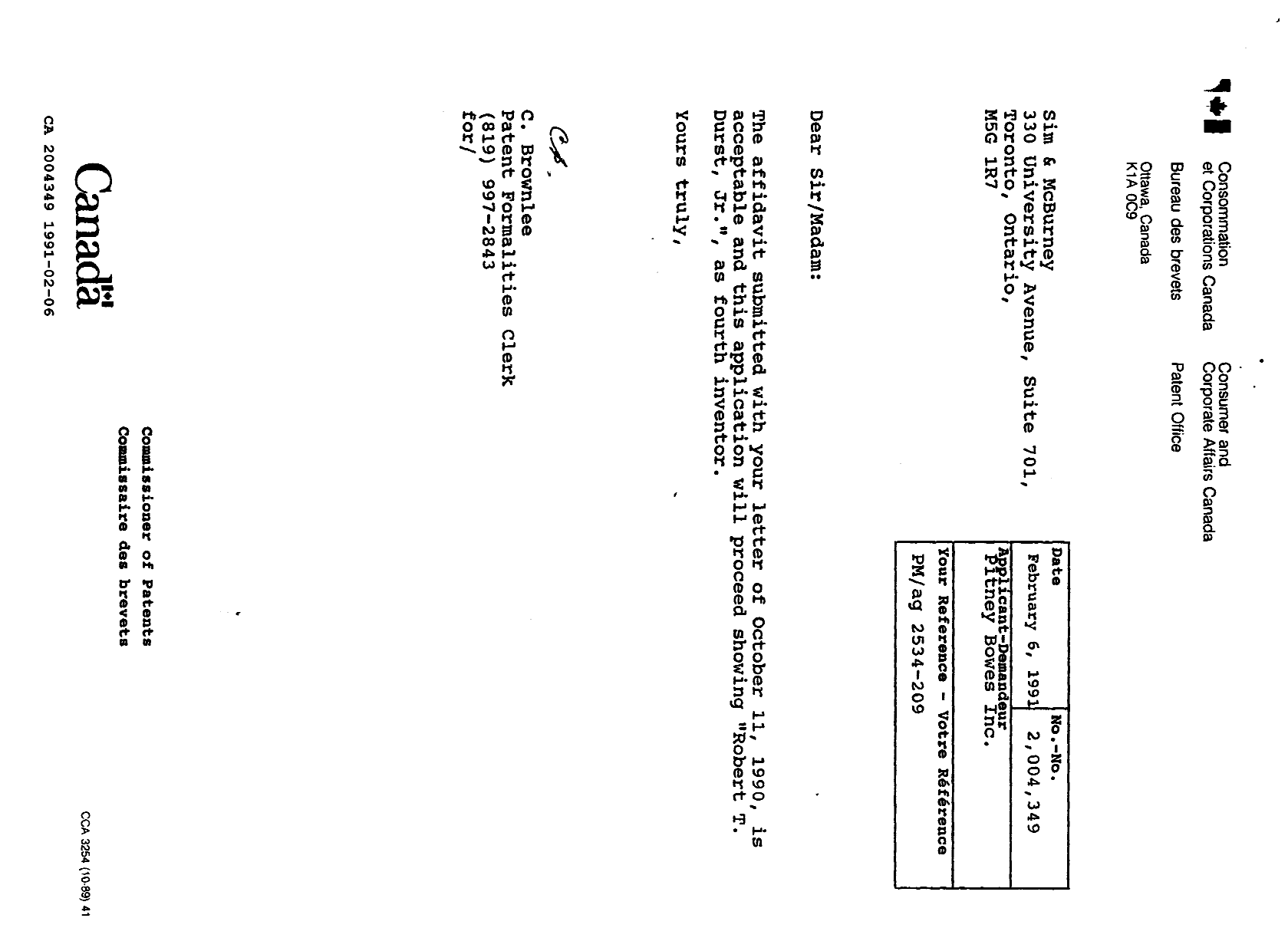 Canadian Patent Document 2004349. Office Letter 19910206. Image 1 of 1