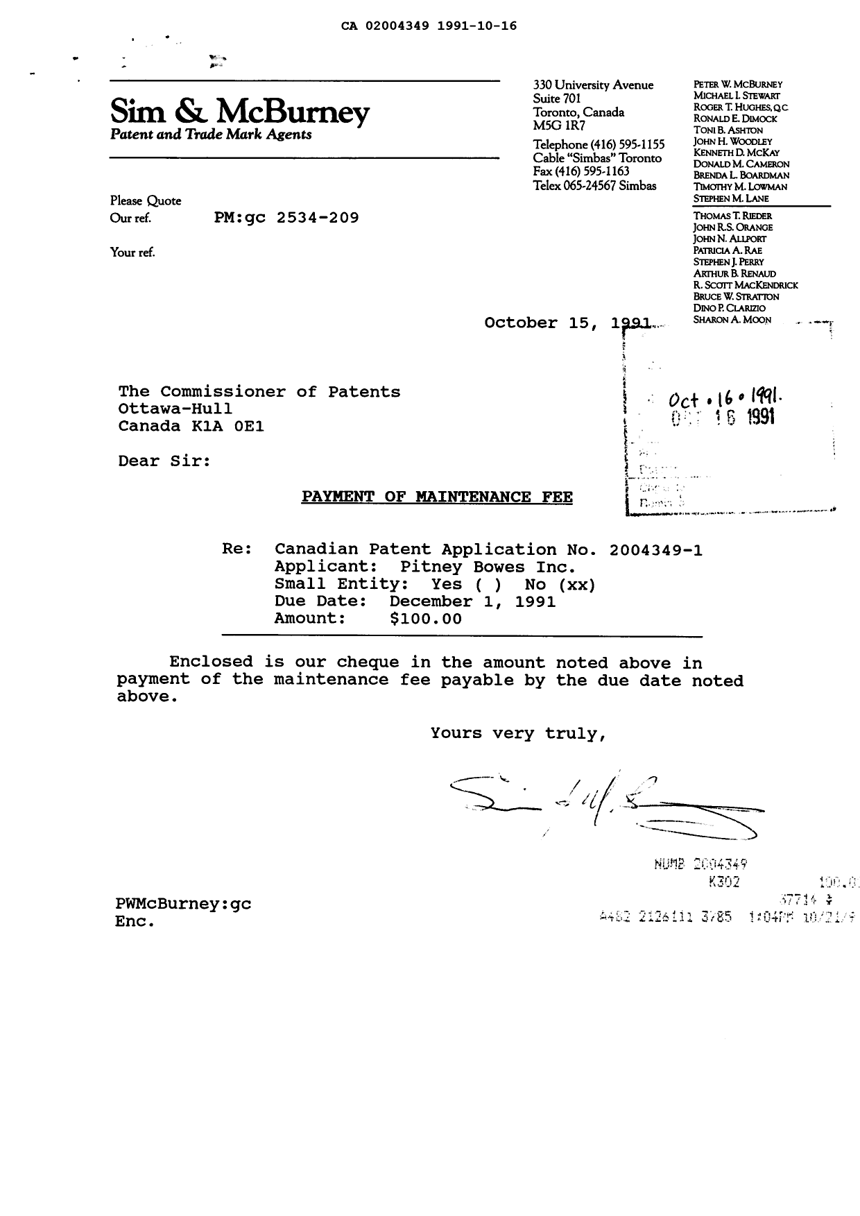 Canadian Patent Document 2004349. Fees 19911016. Image 1 of 1