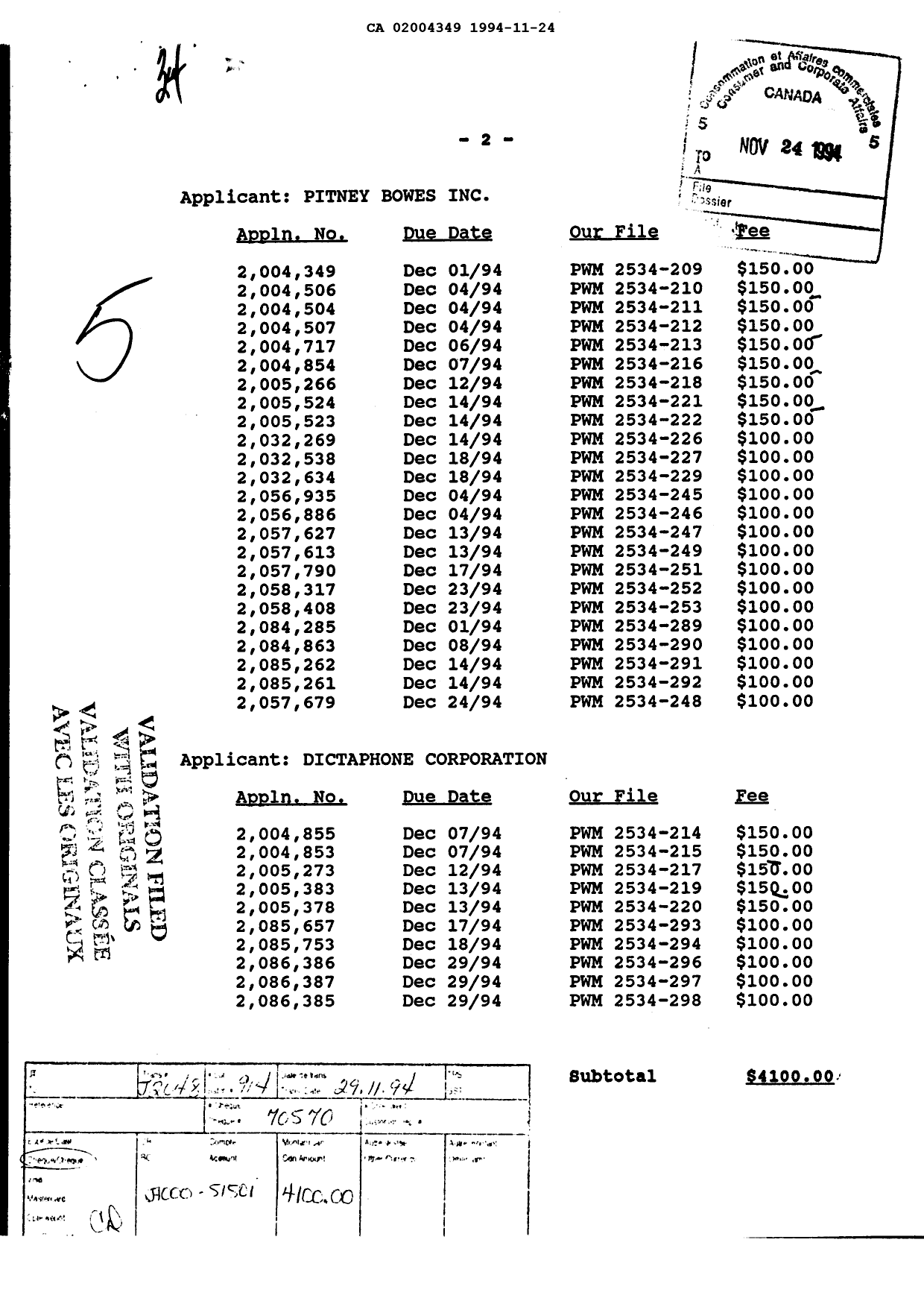Document de brevet canadien 2004349. Taxes 19941124. Image 1 de 1