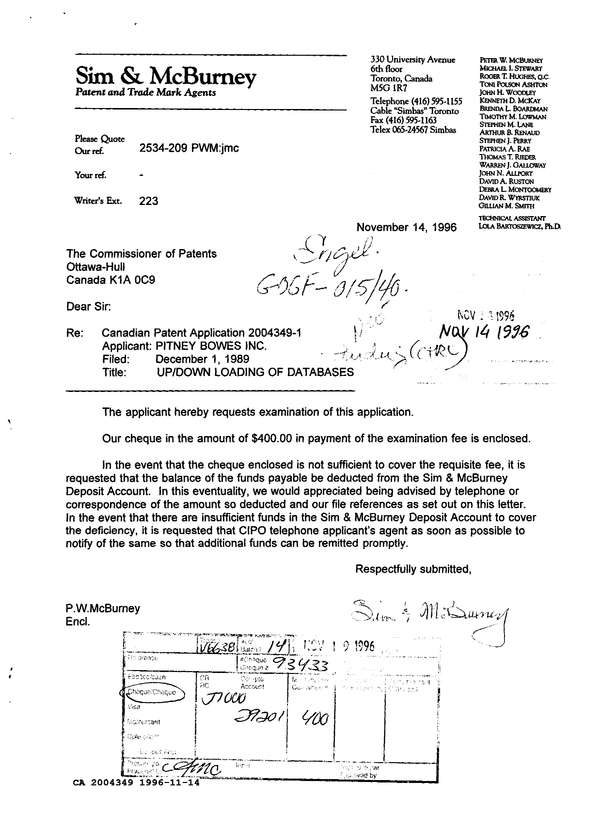 Document de brevet canadien 2004349. Correspondance de la poursuite 19961114. Image 1 de 1
