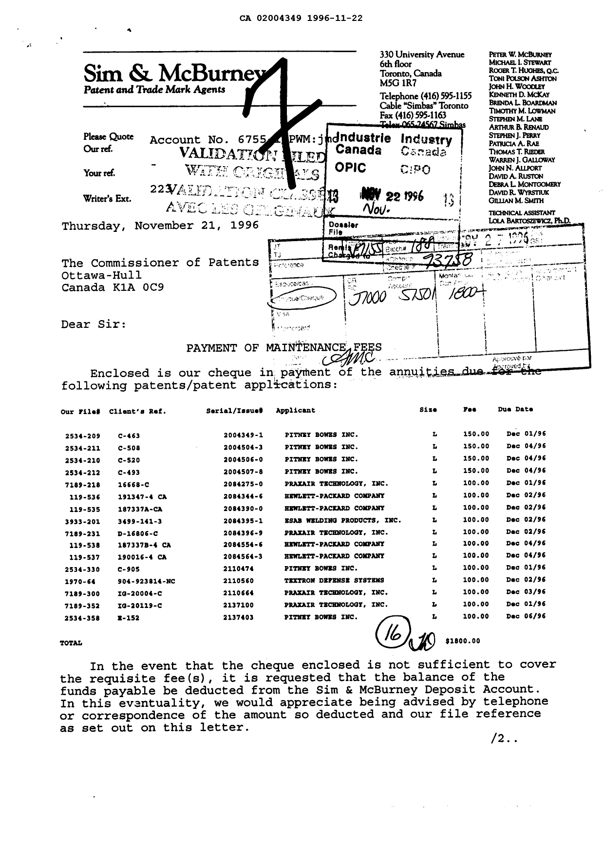 Document de brevet canadien 2004349. Taxes 19961122. Image 1 de 1