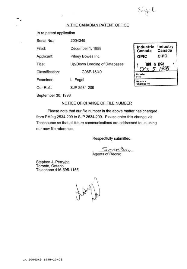 Document de brevet canadien 2004349. Correspondance reliée au PCT 19981005. Image 1 de 1