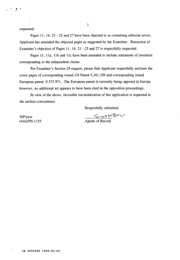 Canadian Patent Document 2004349. Prosecution Correspondence 19990202. Image 2 of 2