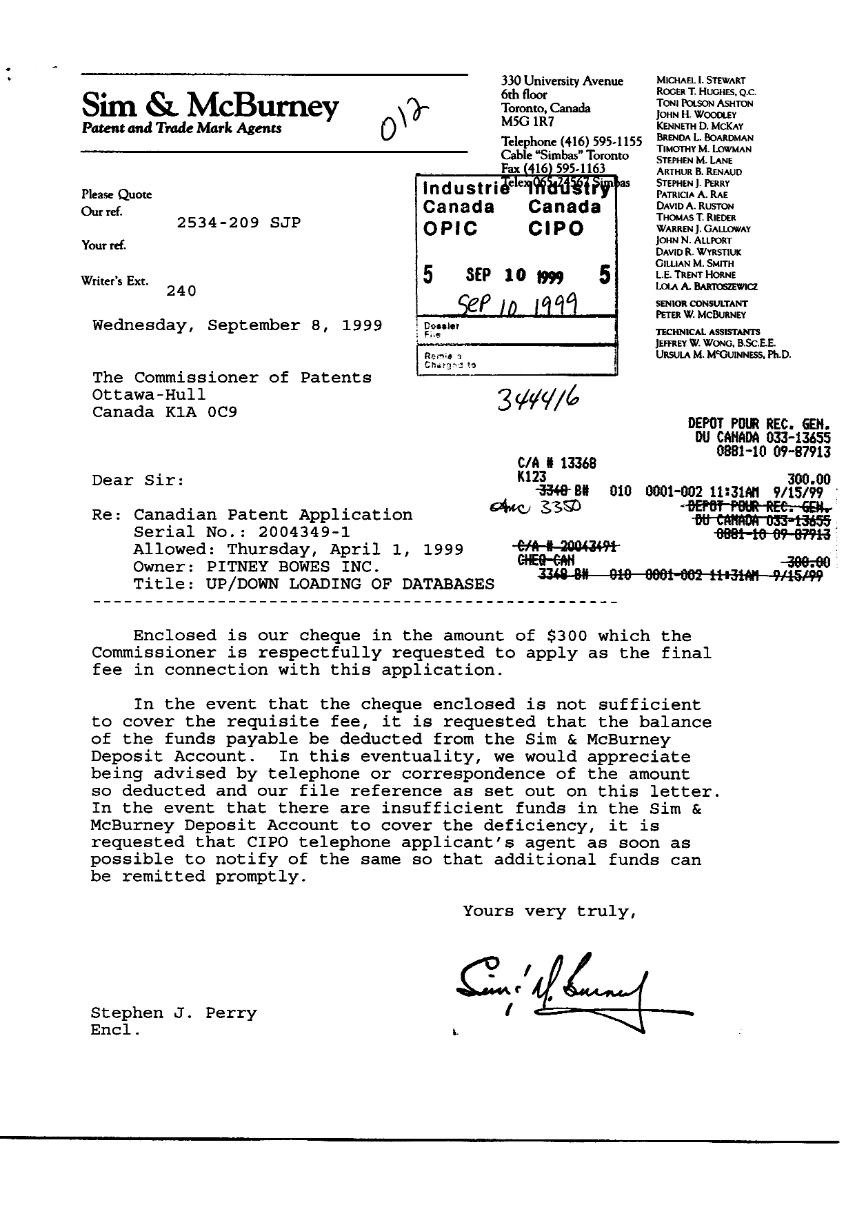 Document de brevet canadien 2004349. Correspondance 19990910. Image 1 de 1