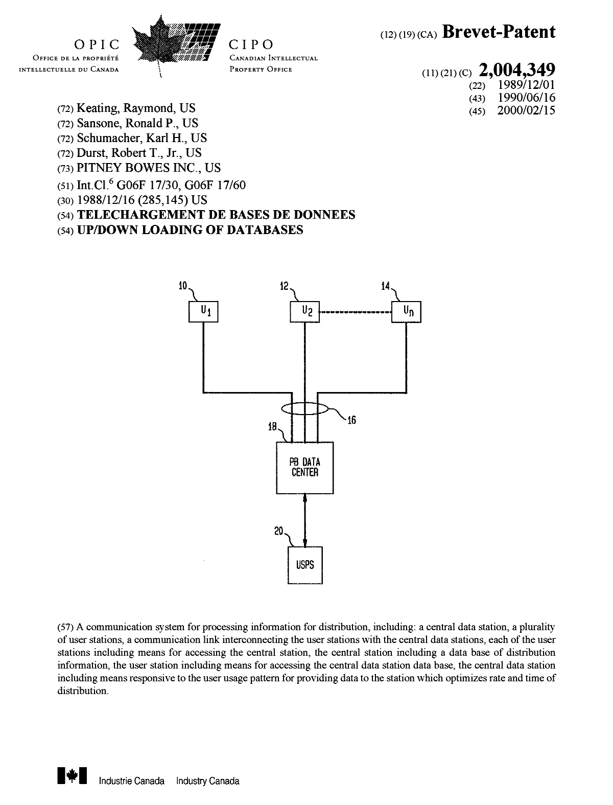 Document de brevet canadien 2004349. Page couverture 20000124. Image 1 de 1