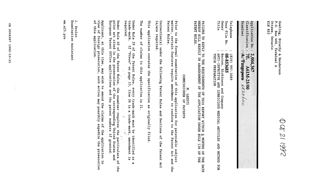 Document de brevet canadien 2004367. Demande d'examen 19921021. Image 1 de 1
