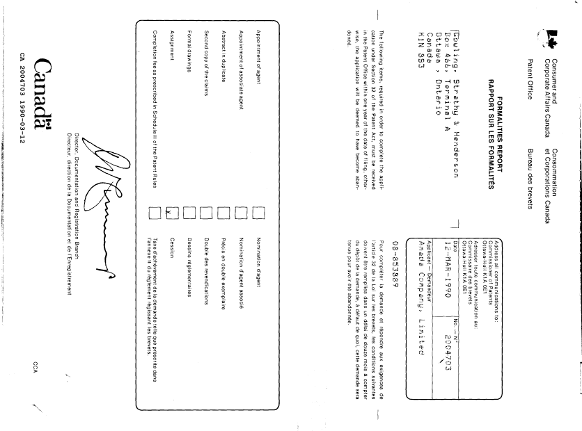 Document de brevet canadien 2004703. Lettre du bureau 19900312. Image 1 de 1