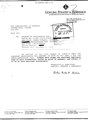 Document de brevet canadien 2004703. Taxes 19921110. Image 1 de 1