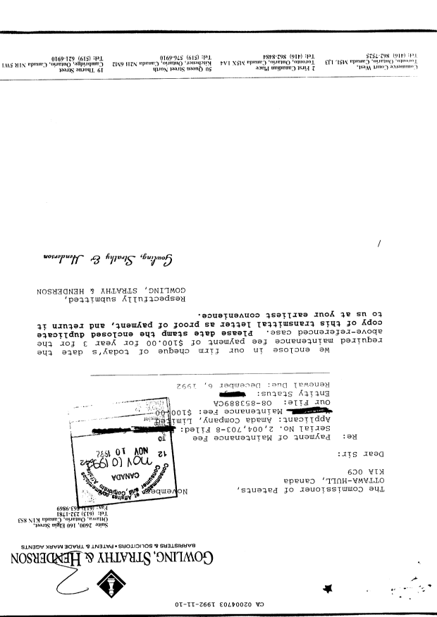 Canadian Patent Document 2004703. Fees 19921110. Image 1 of 1