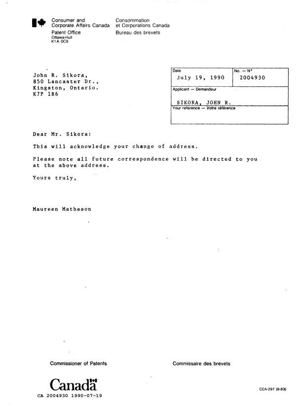 Document de brevet canadien 2004930. Lettre du bureau 19900719. Image 1 de 1