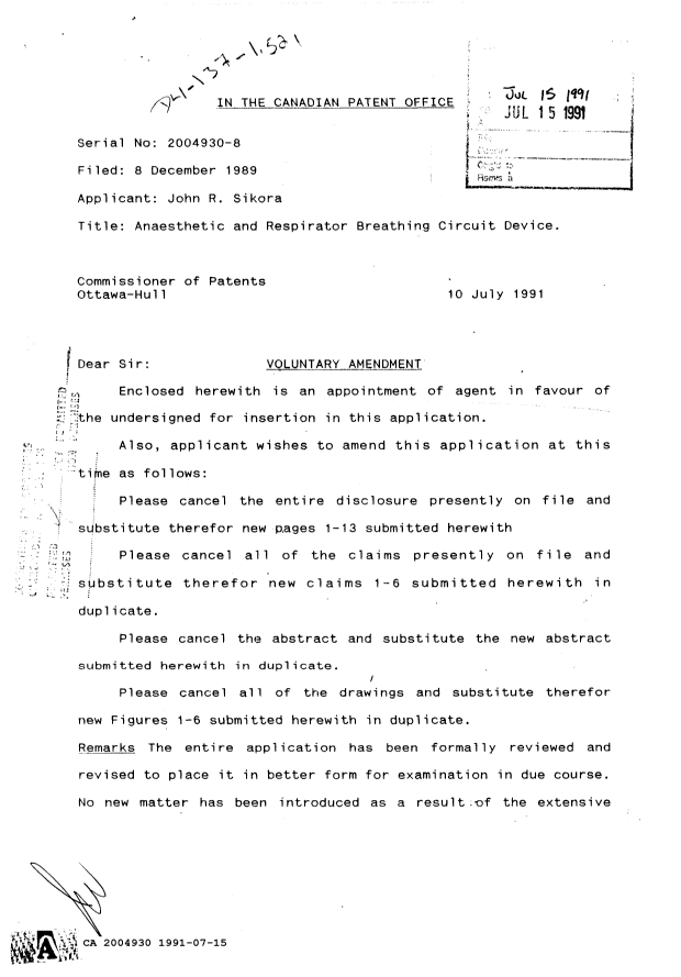 Canadian Patent Document 2004930. Prosecution Correspondence 19910715. Image 1 of 21