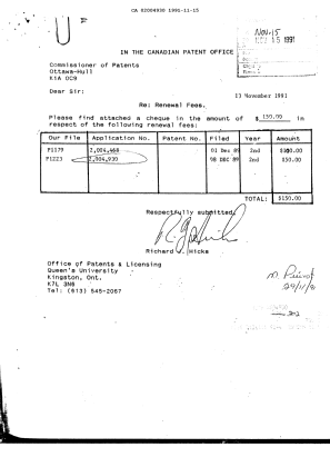 Document de brevet canadien 2004930. Taxes 19911115. Image 1 de 1