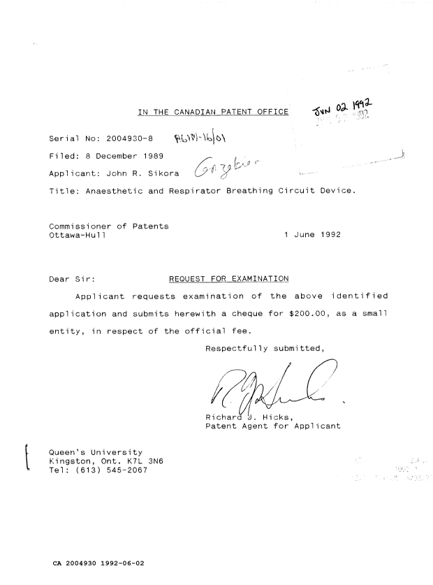 Canadian Patent Document 2004930. Prosecution Correspondence 19920602. Image 1 of 1
