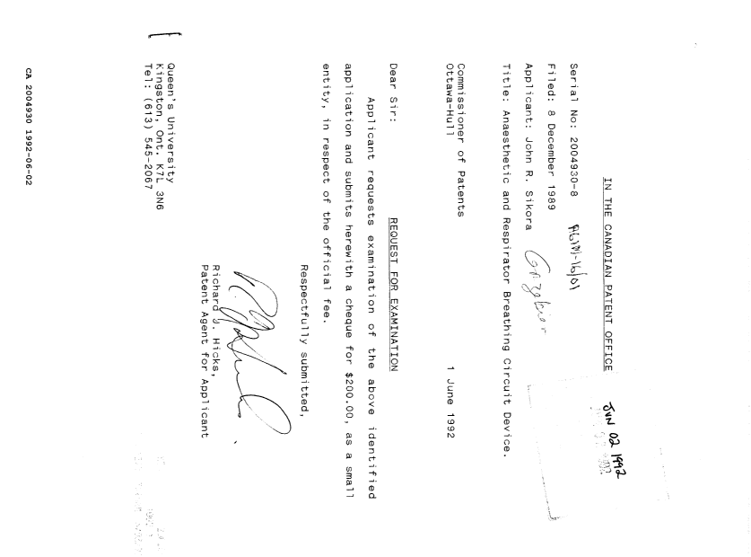 Document de brevet canadien 2004930. Correspondance de la poursuite 19920602. Image 1 de 1