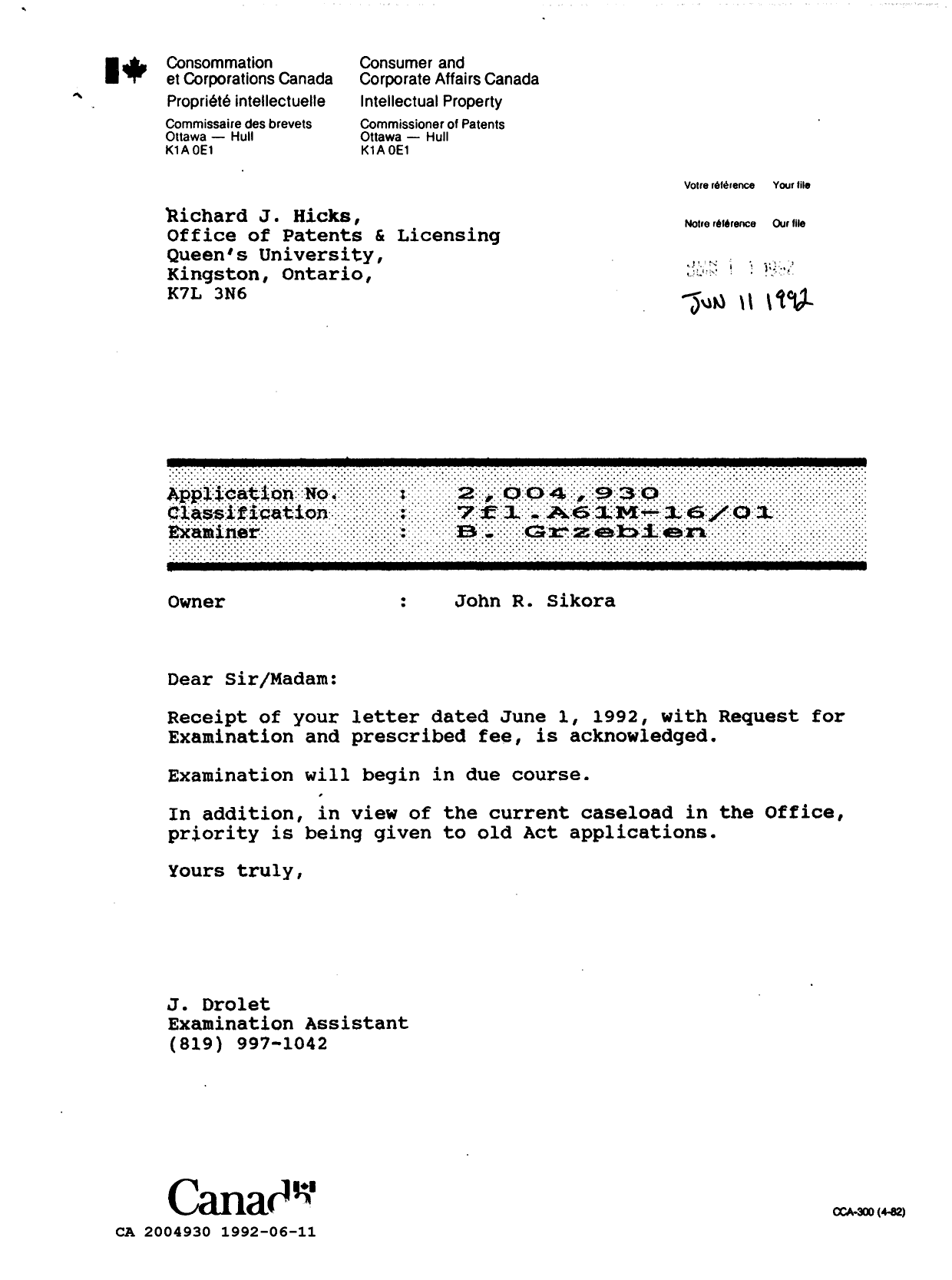 Document de brevet canadien 2004930. Lettre du bureau 19920611. Image 1 de 1