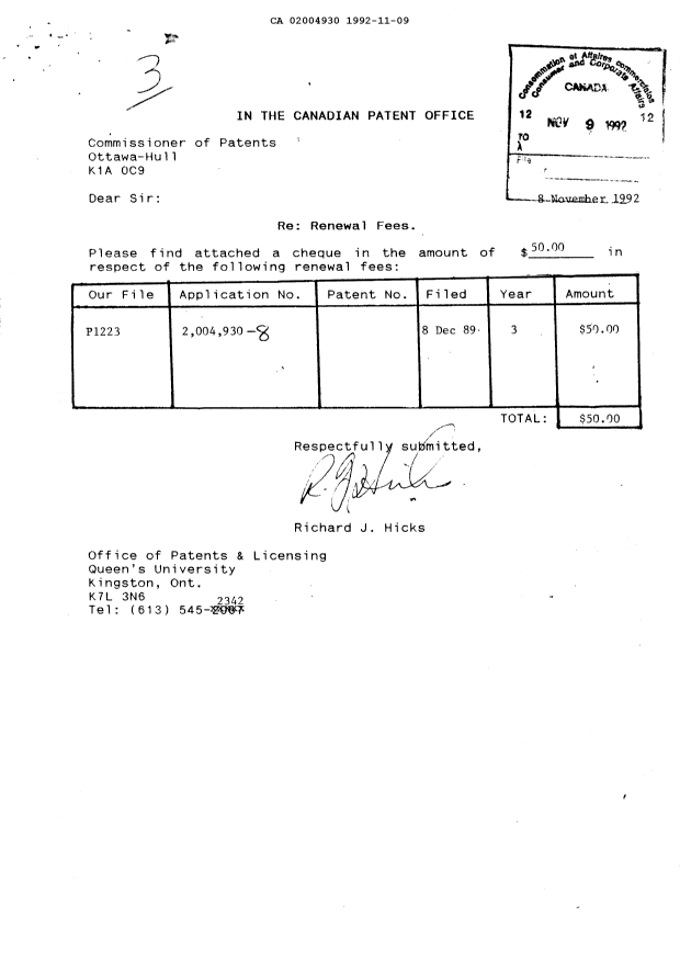 Canadian Patent Document 2004930. Fees 19921109. Image 1 of 1