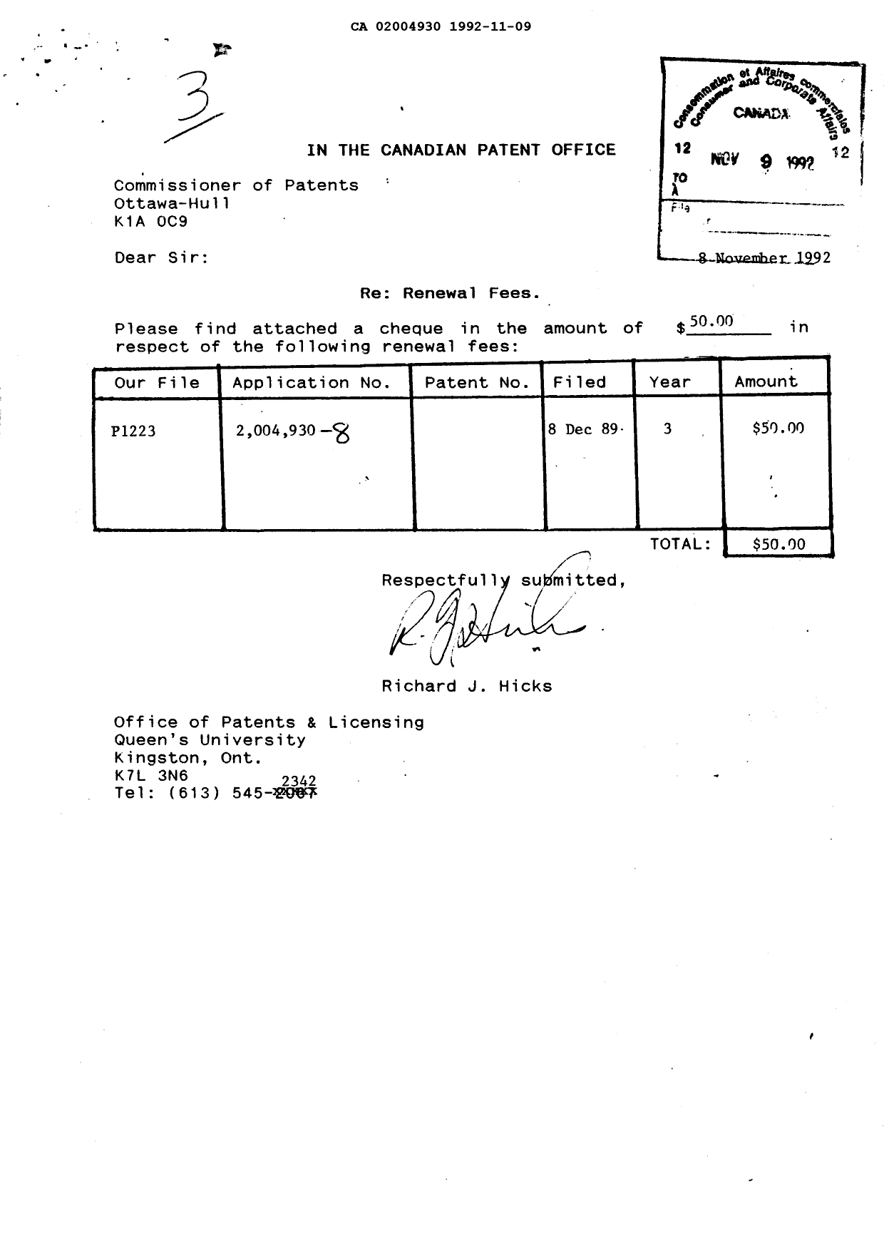 Document de brevet canadien 2004930. Taxes 19921109. Image 1 de 1